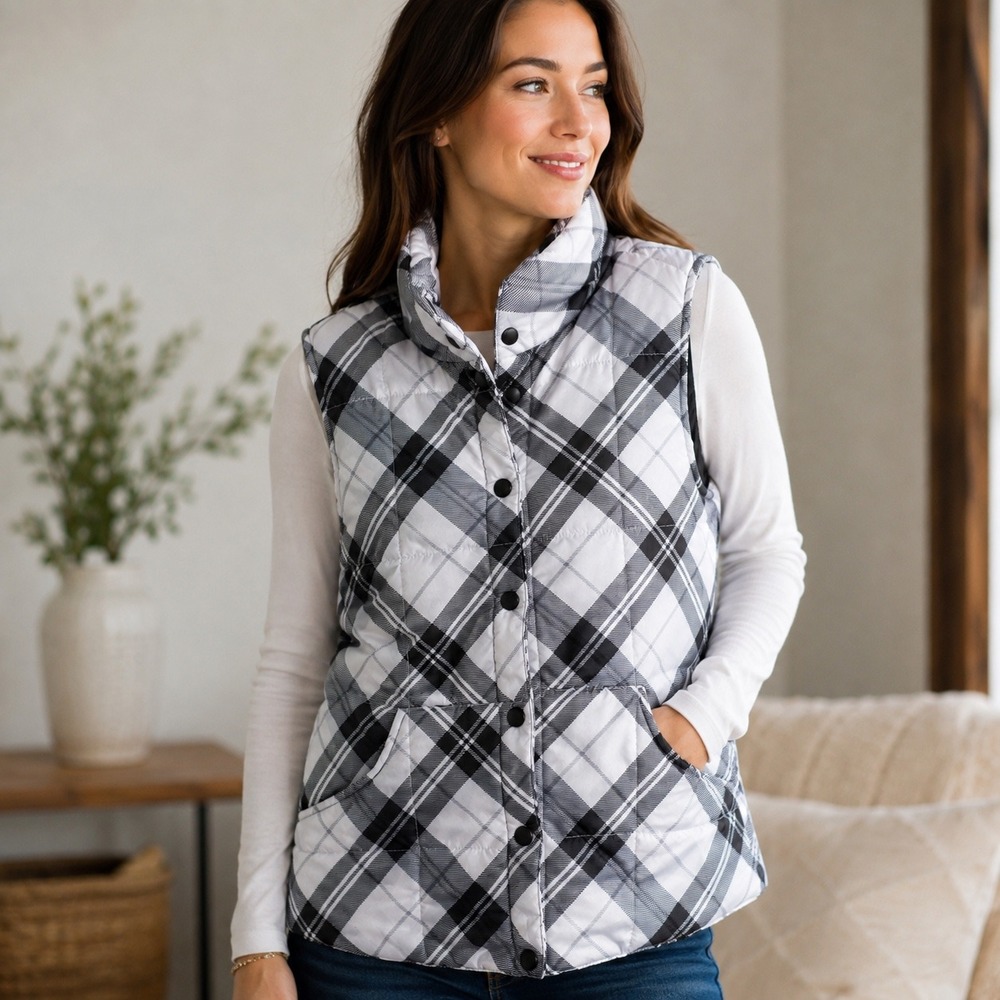 IZOD Womens S Plaid Puffer Vest Black White Snap Front Quilted Preppy Pockets